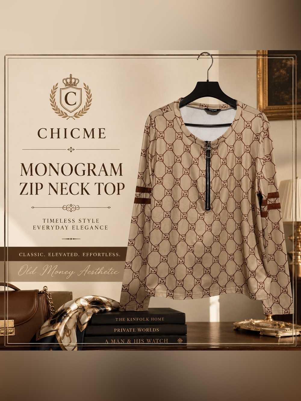 ChicMe Beige Monogram Zip Neck Long Sleeve Top XL